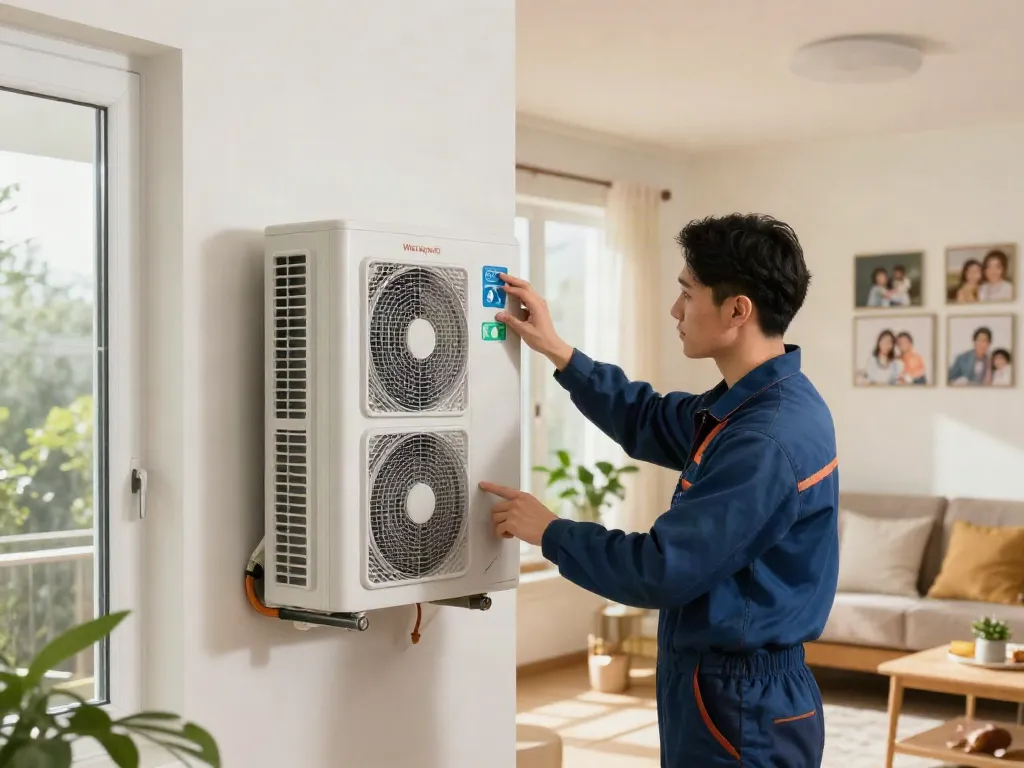 Techniker installiert Wärmepumpen in modernem Wohnraum mit umweltfreundlichen Symbolen.