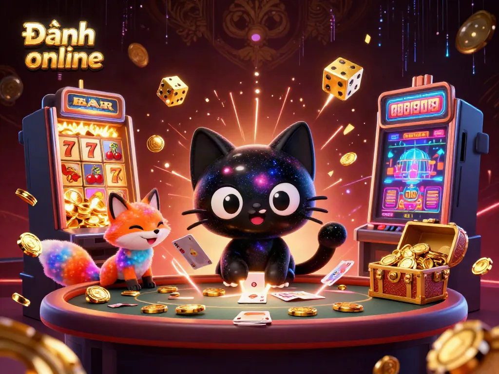 Experience Đánh đề online with a cosmic feline and fox duo at a vibrant casino table.