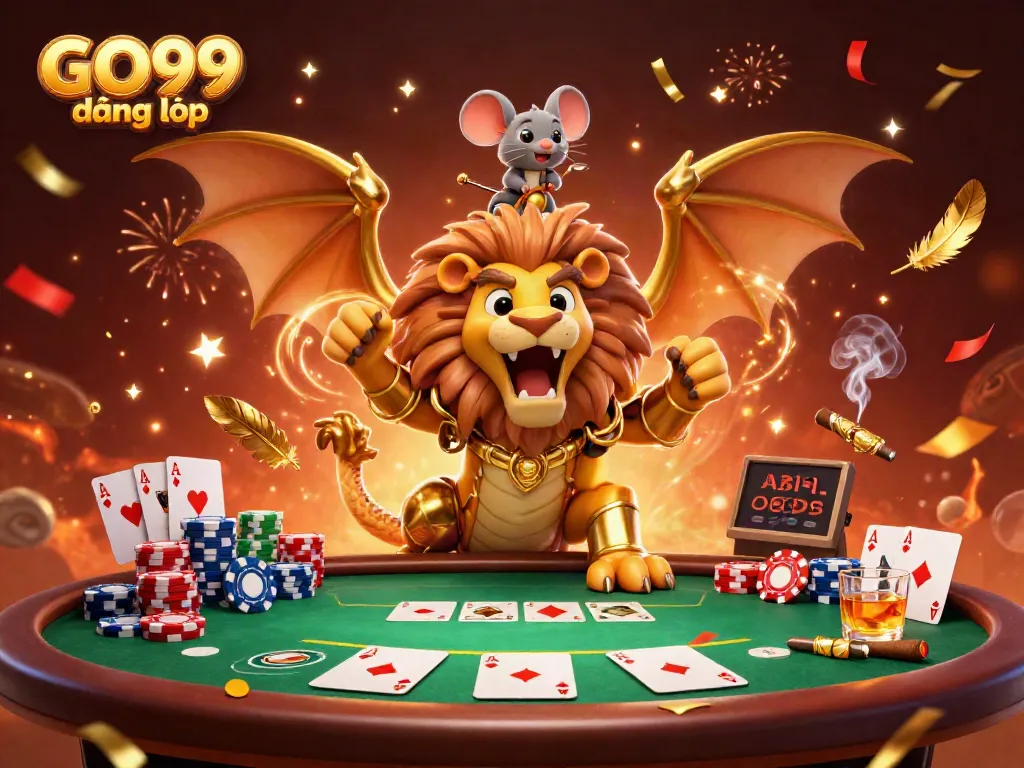 Experience the excitement of GO99 đăng nhập with a 3D chimera roaring at a poker table, showcasing vibrant casino elements.