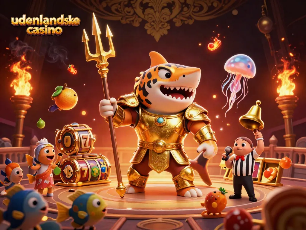 Engage in action at udenlandske casino with a thrilling underwater showdown featuring a tiger shark and slot reels.