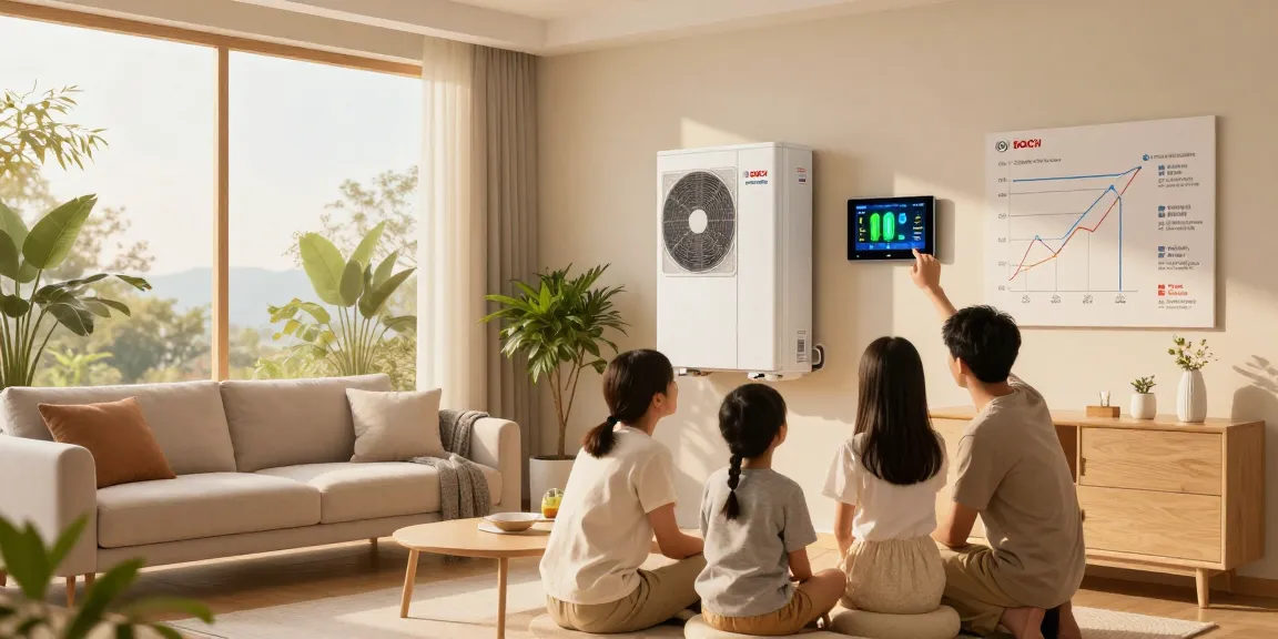 Family discussing energy efficiency with a wärmepumpe bosch in a modern living room.