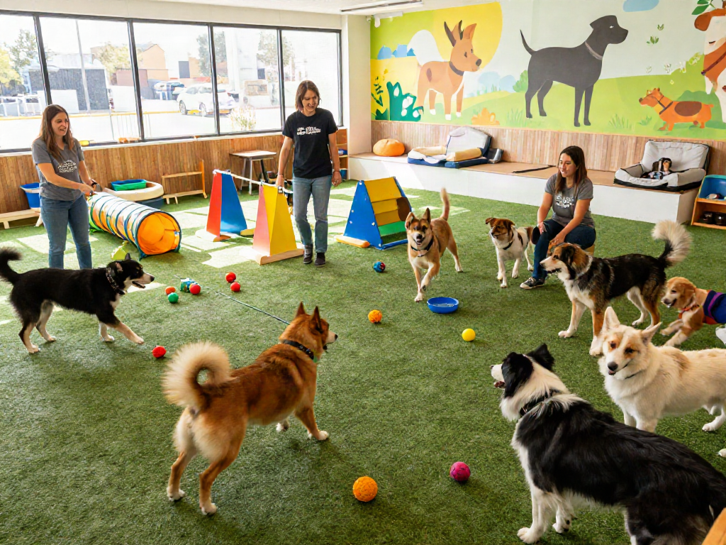 Engaged dogs playing in a vibrant dog daycare setting with staff supervision, highlighting the slot 10k experience.