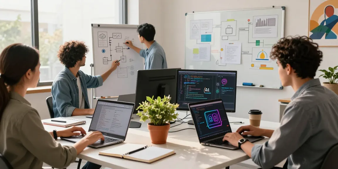 Collaborative team building internal tools with AI in a vibrant office workspace.