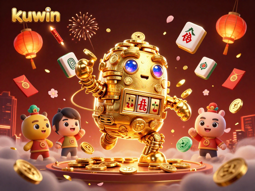 Kuwin highlights thrilling gameplay with a golden golem amidst vibrant casino elements.