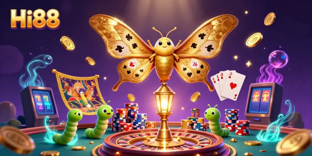 Celebrate winning moments at Hi88 with a vibrant 3D scene of golden coins, poker chips, and playful motifs.