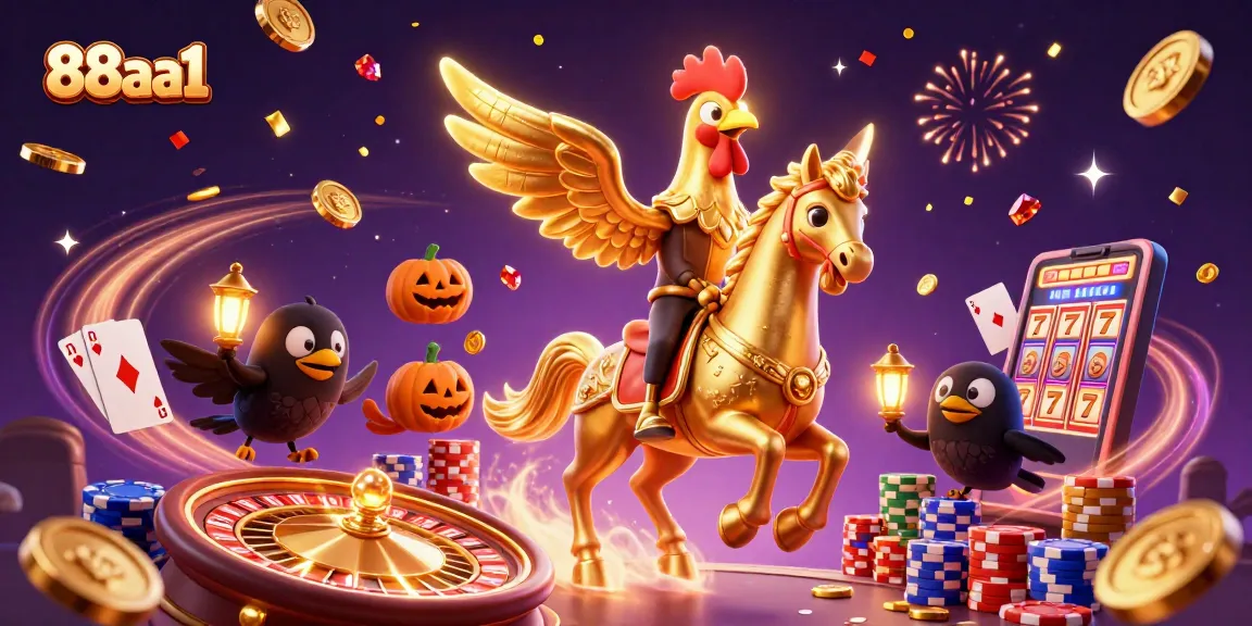 Experience the thrilling action of 88aa1 with golden rooster characters amidst a vibrant casino scene.