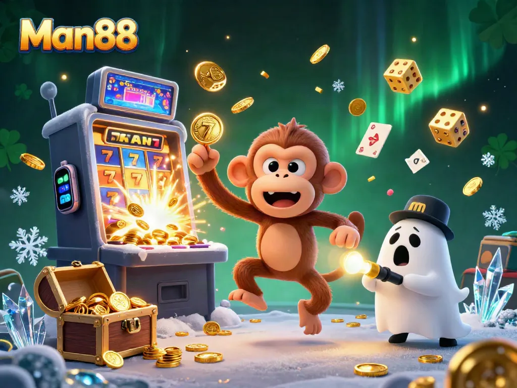 Experience the thrill of winning at Man88 with a mischievous monkey and ghost-hunter puppy in a casino.