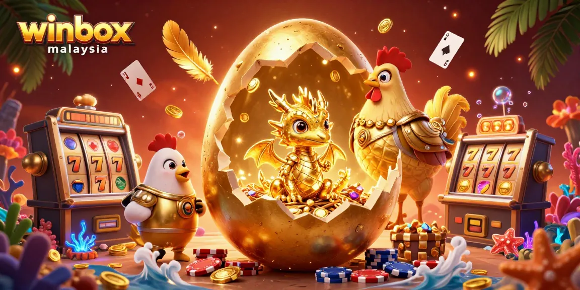 Experience the excitement with winbox malaysia showcasing a golden dragon and vibrant slot machines in a dynamic casino illustration.