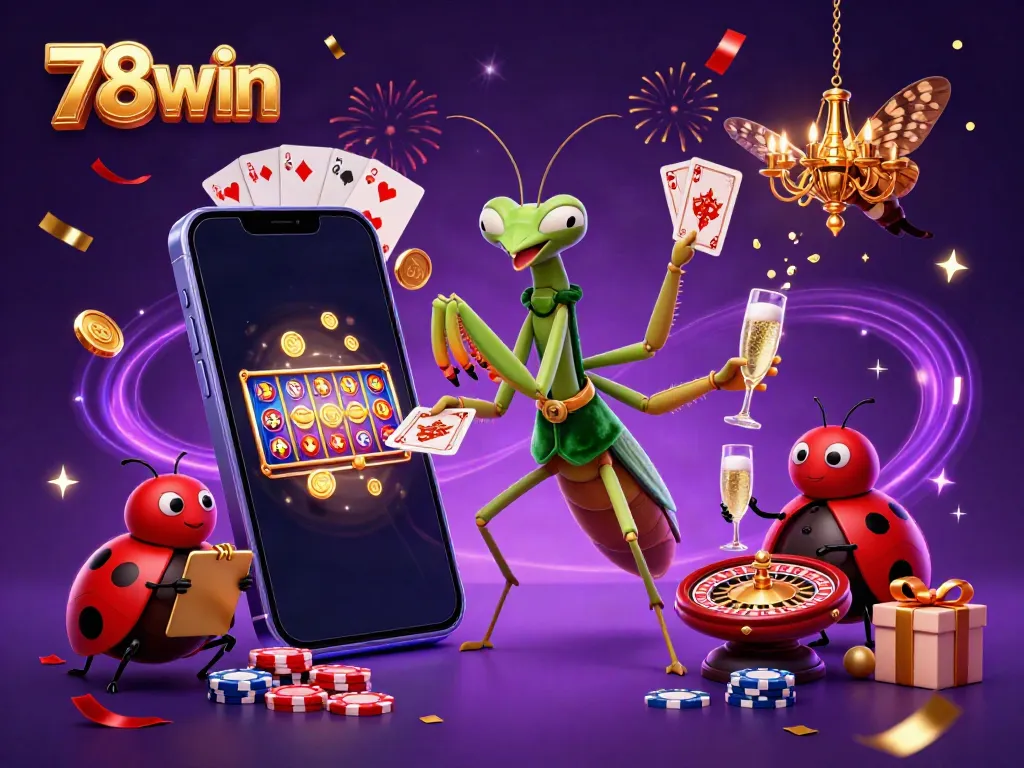 Engage with the thrilling 78win casino experience, featuring a giant mantis and ladybug in vibrant action.