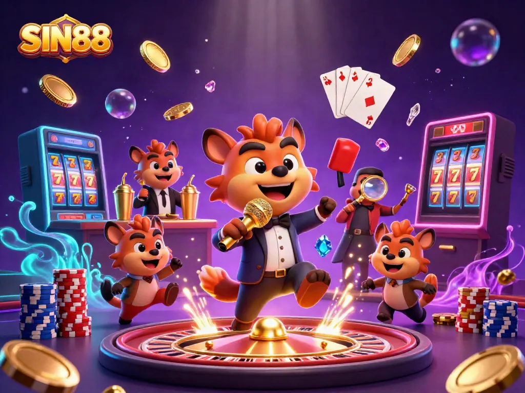 SIN88 captures the excitement of a dynamic casino atmosphere with hyenas performing and playing games.