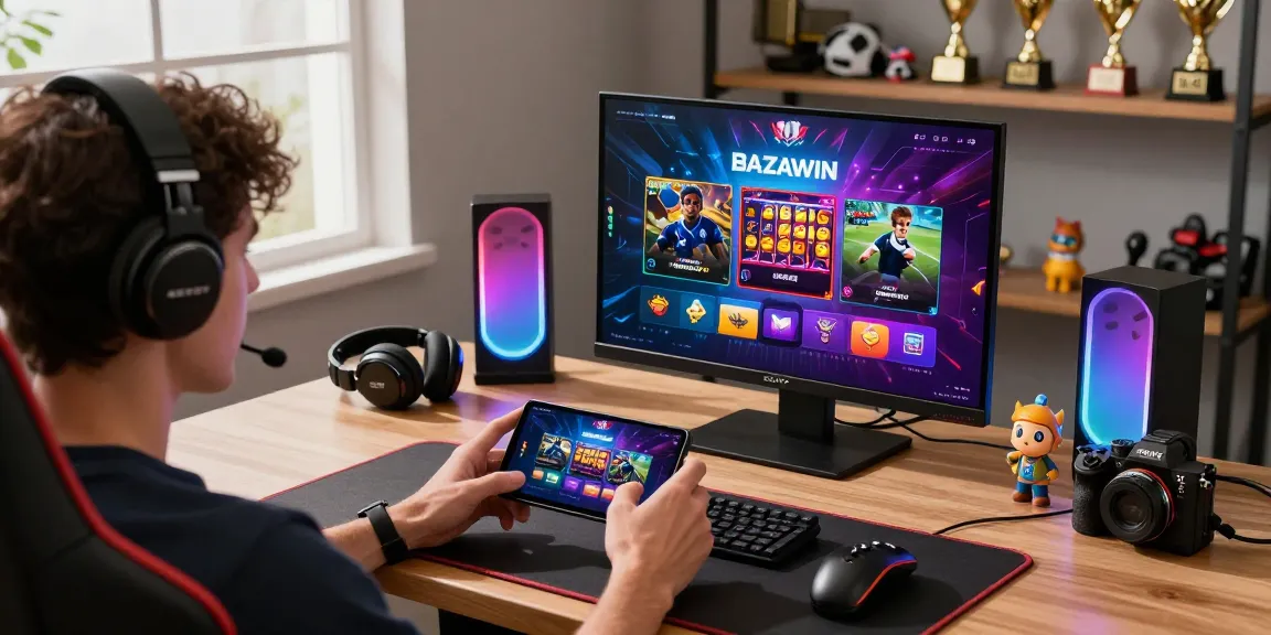 Playing on BAZAWIN app download showcasing vibrant gaming features in a stylish setup.