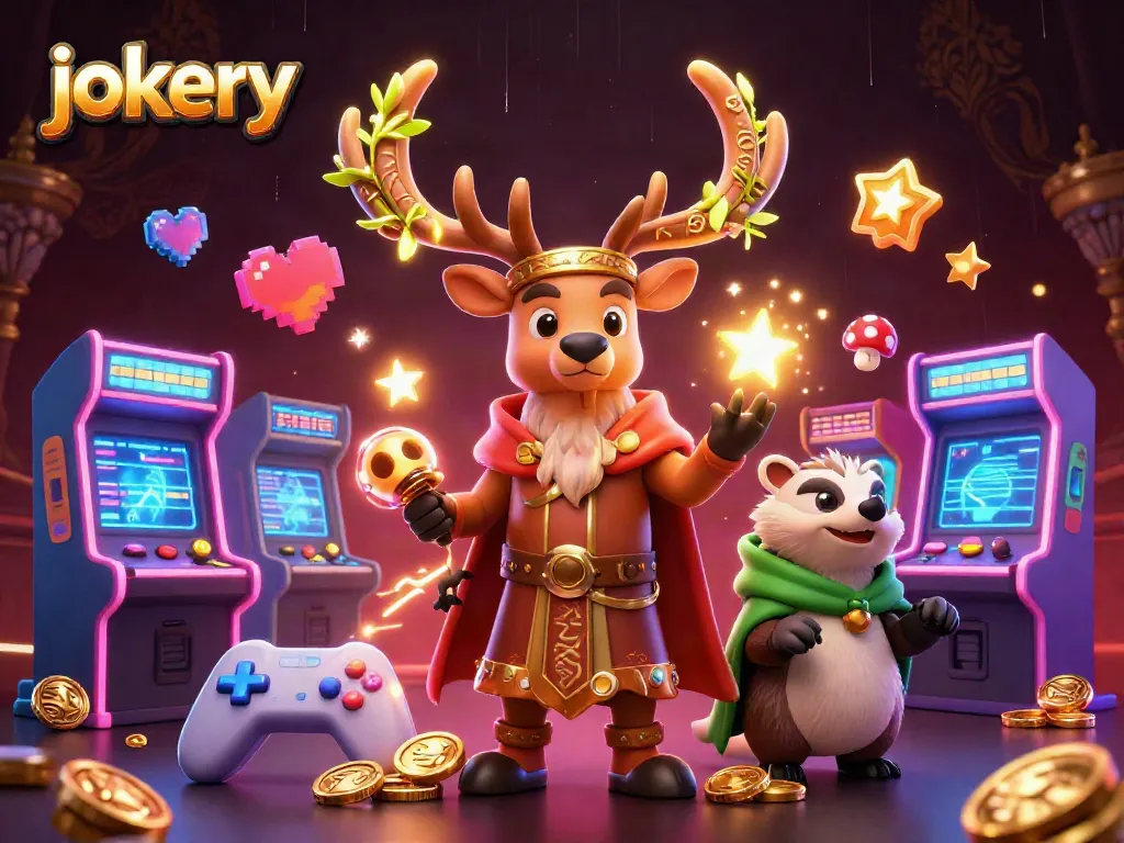 Engage with jokery casino action in a vibrant 3D illustration featuring magical creatures and glowing game elements.