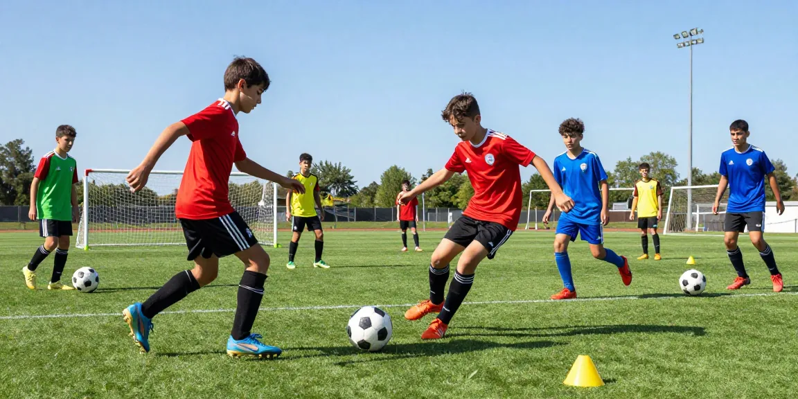 Junge Fußballspieler üben ihre Technik mit einem hochwertigen Matchball Fußball auf einem grünen Feld.