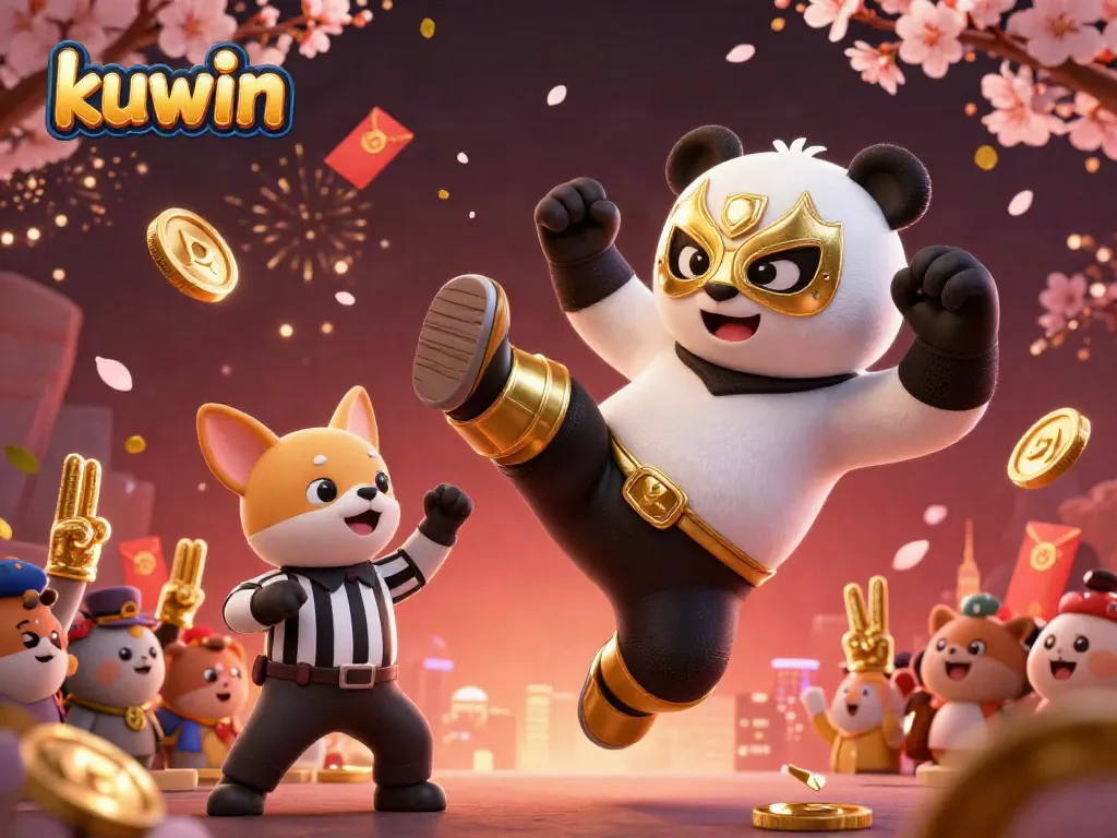 Kuwin action-packed illustration with a panda wrestler and chihuahua referee, showcasing gambling excitement.