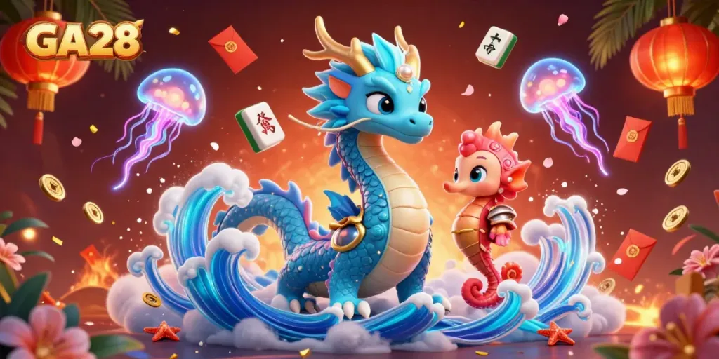 Experience the excitement of GA28 with a vibrant 3D scene featuring a dragon, knight, and glowing elements.