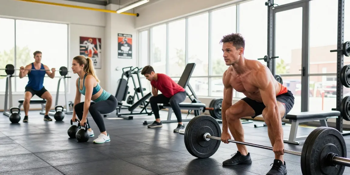 Effektives Training im Selliza Shop Fitnessstudio mit Kraftsportlern im Einsatz.