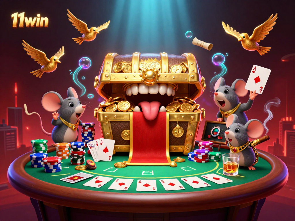 Experience the thrill of 11win with a treasure chest attracting adventurer mice in a vibrant casino scene.