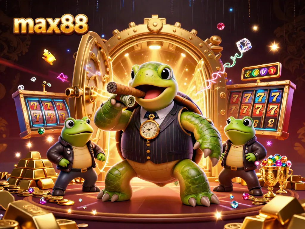 Enjoy thrilling gameplay at max88, featuring cartoon characters gambling among gold and jewels.