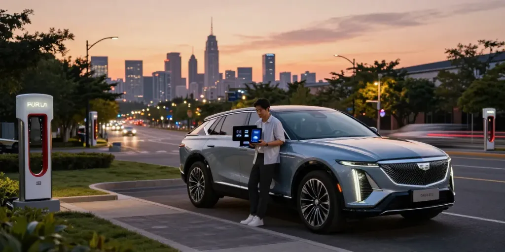 Do the Driving Modes in the Cadillac Lyriq Offer Different Ranges or Battery Usages? Discover Cadillac Lyriq parked amidst a city skyline, highlighting its innovative driving modes.