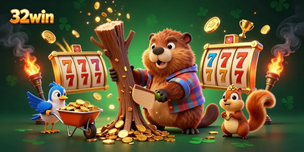 Experience thrilling slots action as 32win features a playful scene of winning coins and lively characters.