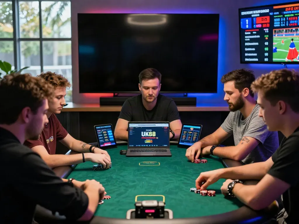 Engaged friends playing digital poker on UK88 platform in a vibrant setting.