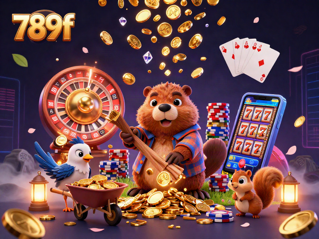 Engage with 789f's vibrant casino scene featuring a beaver and bird amidst flying coins and lucky 7s.