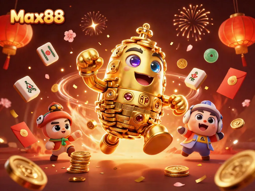 Max88 illuminates the casino world with a lively golden golem surrounded by vibrant game elements and festive decorations.