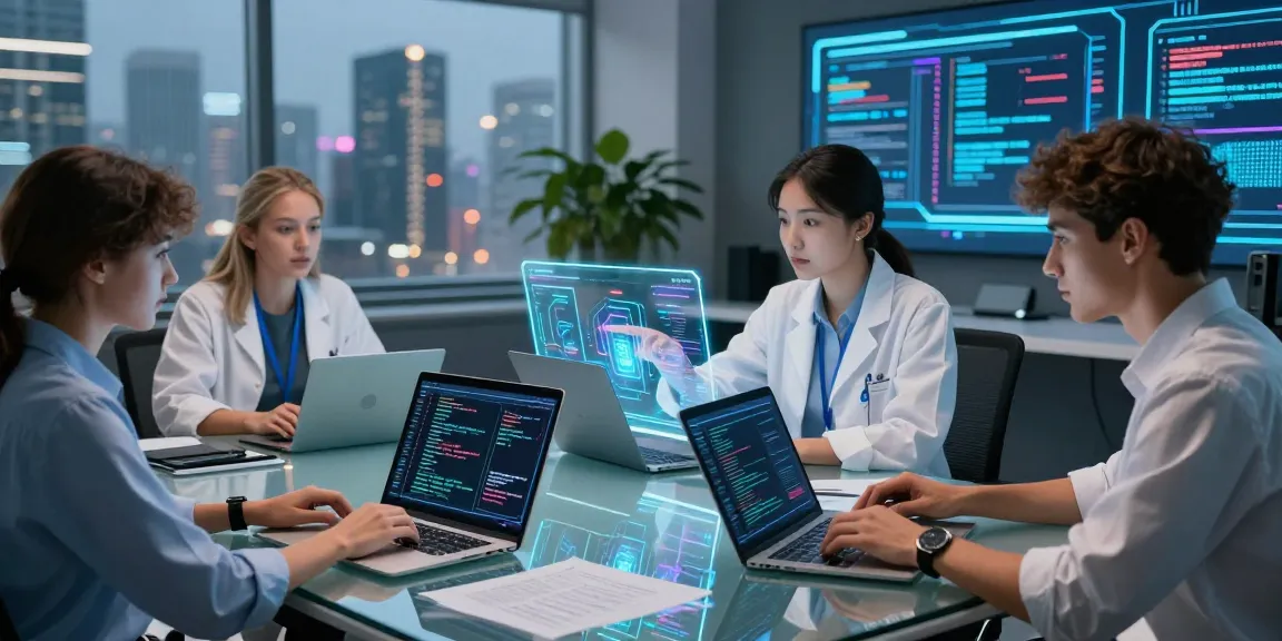 Team collaborating on agentic AI development with visual data projections in a modern tech workspace.