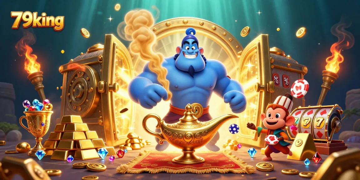 Engage with 79king's vibrant casino scene featuring a genie, poker chips, and treasure elements.