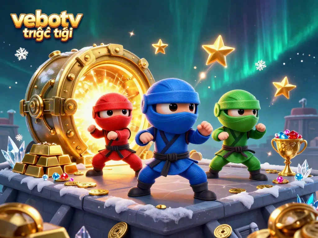 Experience the excitement of vebotv trực tiếp with vibrant ninja chameleons and golden treasures in this dynamic gambling scene.