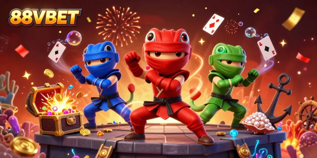 Experience the thrill of gambling with 88VBET, featuring ninja chameleons amidst gold coins and glowing gems.