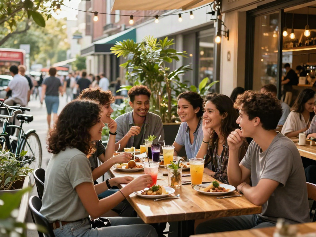 Friends enjoying a vibrant afternoon at an outdoor café, experiencing rokok88 alternatif lifestyle options.