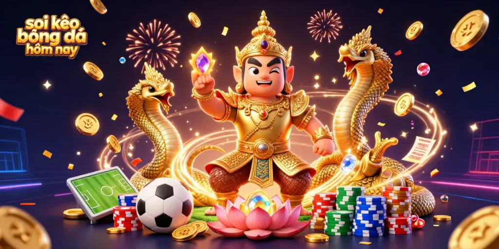Soi kèo bóng đá hôm nay with a dynamic 3D illustration featuring a Thai temple guardian, Naga serpents, and betting elements.