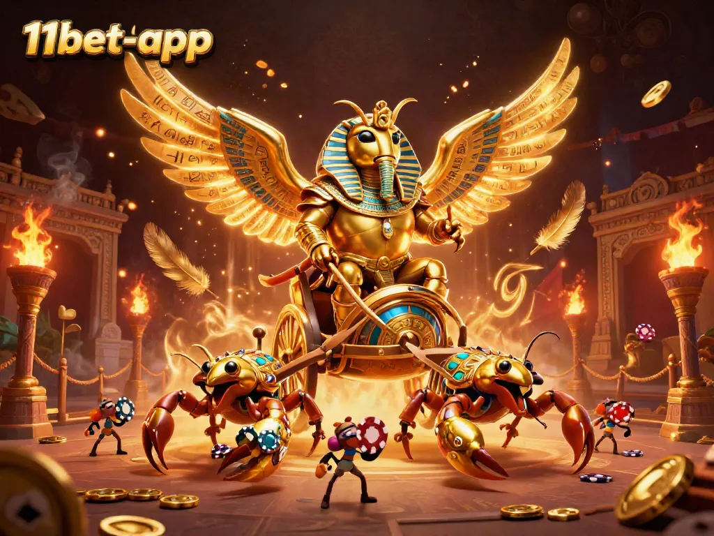 Experience thrilling 11bet-app gaming with a golden scarab and poker chips in action.