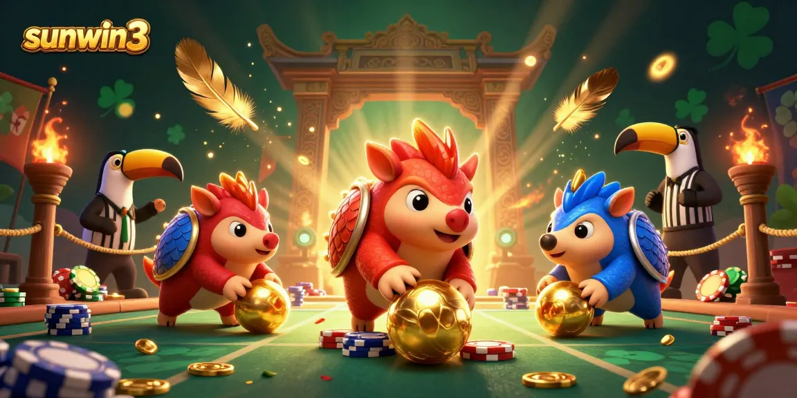 Engage in thrilling games at sunwin3, with pangolins bowling through poker chips in a vibrant casino illustration.