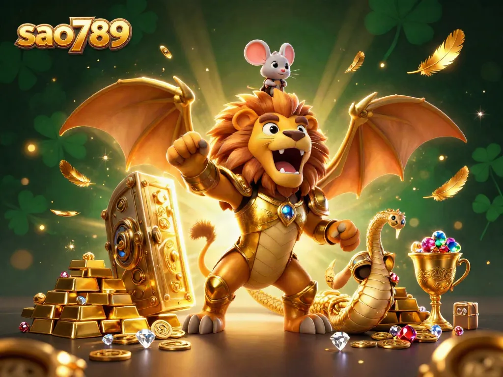 Sao789 elevates your gaming experience with golden treasures and a magical chimera in action.