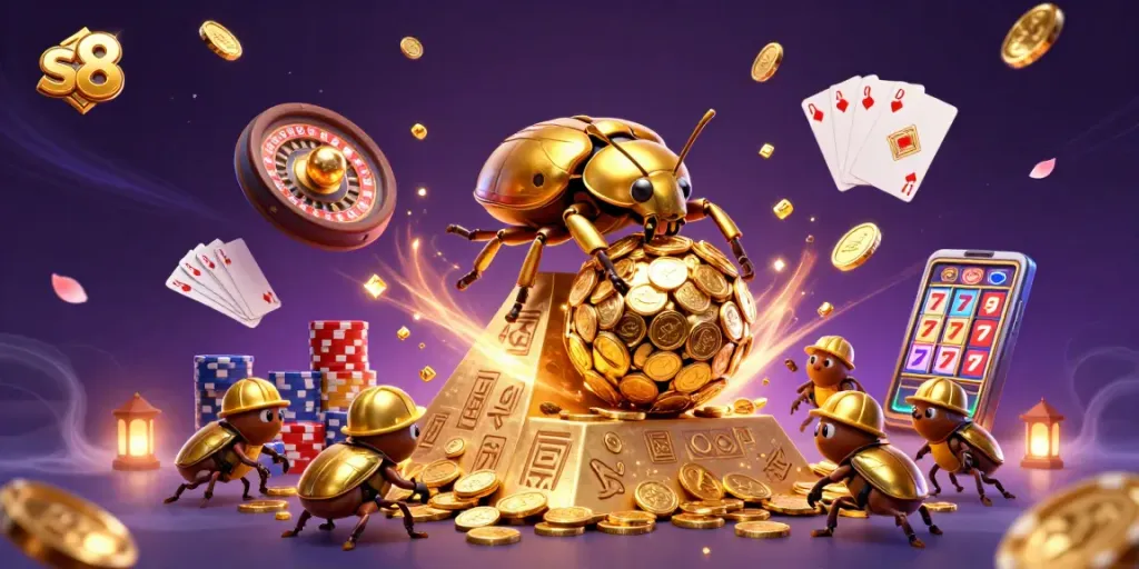 Experience s8 casino excitement with golden beetles rolling in a vibrant 3D gambling scene.