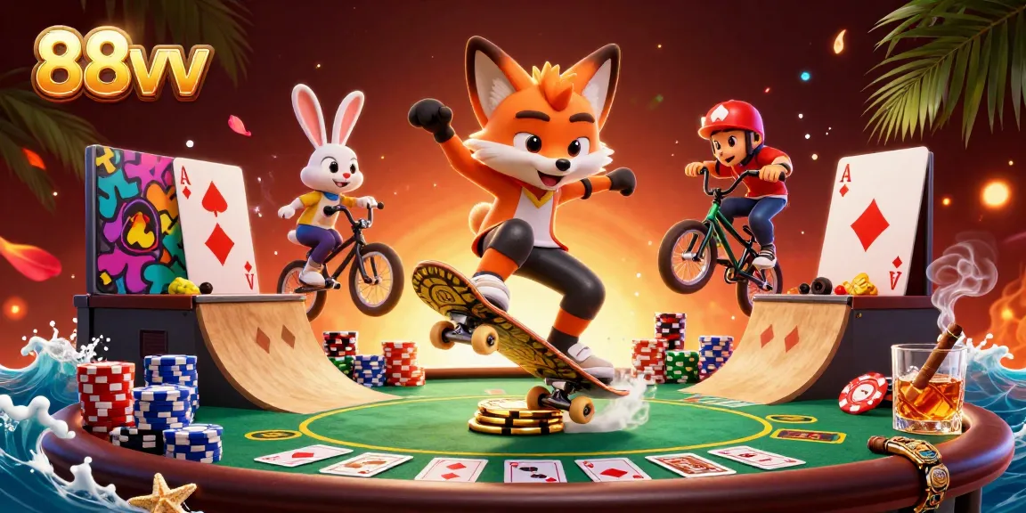 Bet big and win in 88vv, featuring a skateboarder fox and BMX rabbit amidst vibrant casino action.