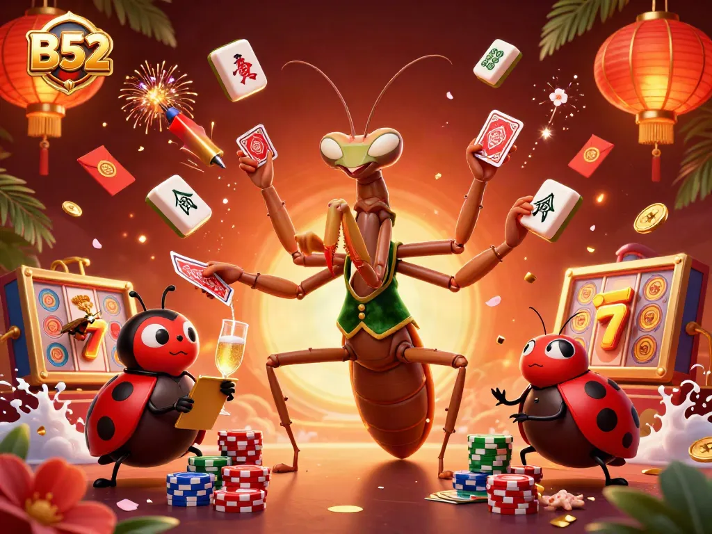 B52 invigorates gamblers at a vibrant casino scene with colorful slot reels and dynamic characters.