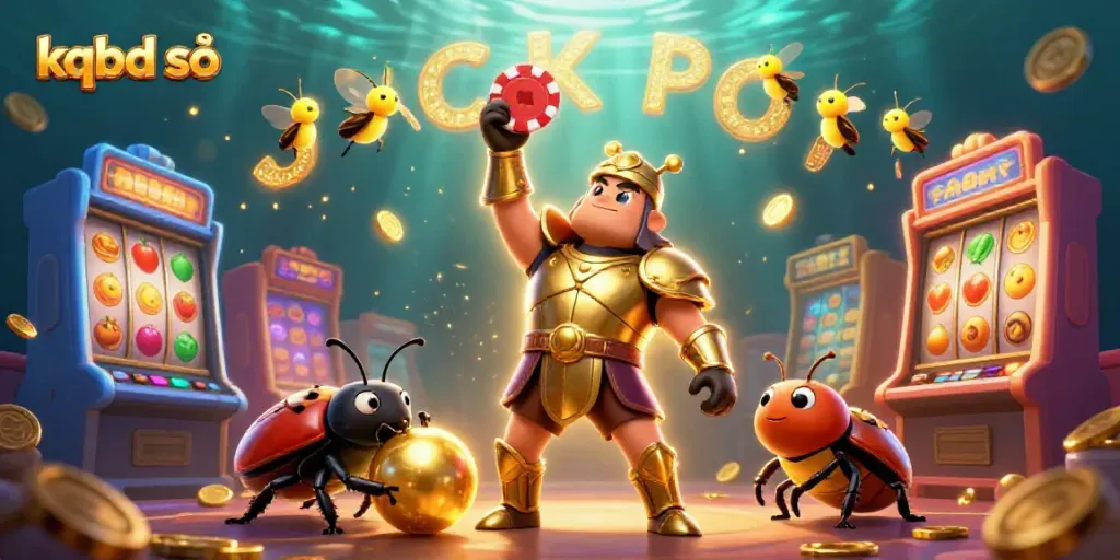 Experience the thrill of kqbd số with a lively casino scene featuring a victorious beetle hero and slot machines.