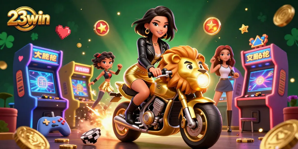 Experience thrill with 23win as glamorous characters ride a golden lion through vibrant casino elements.