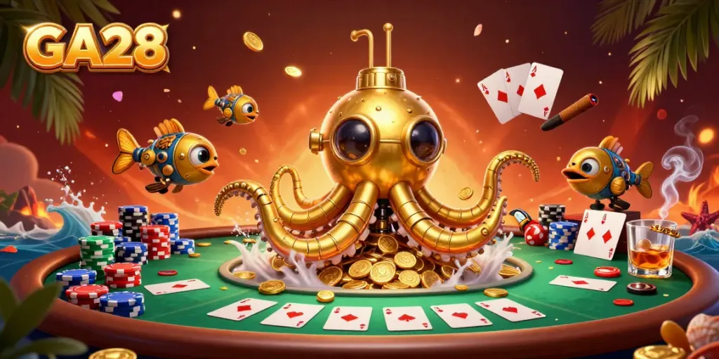 Engage with thrilling poker action at GA28, featuring a golden kraken submarine amidst coins and game elements.