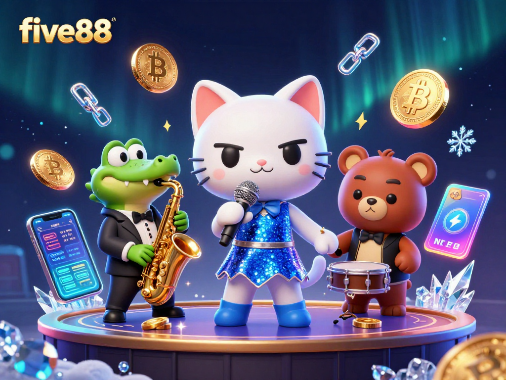 Cocktail jazz with five88, featuring a singing cat, saxophone croc, and drumming bear on a casino stage.