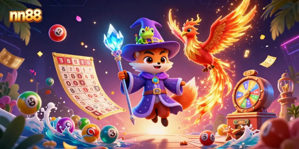 Experience the excitement of nn88 with vibrant lottery elements and mystical characters in a colorful casino setting.