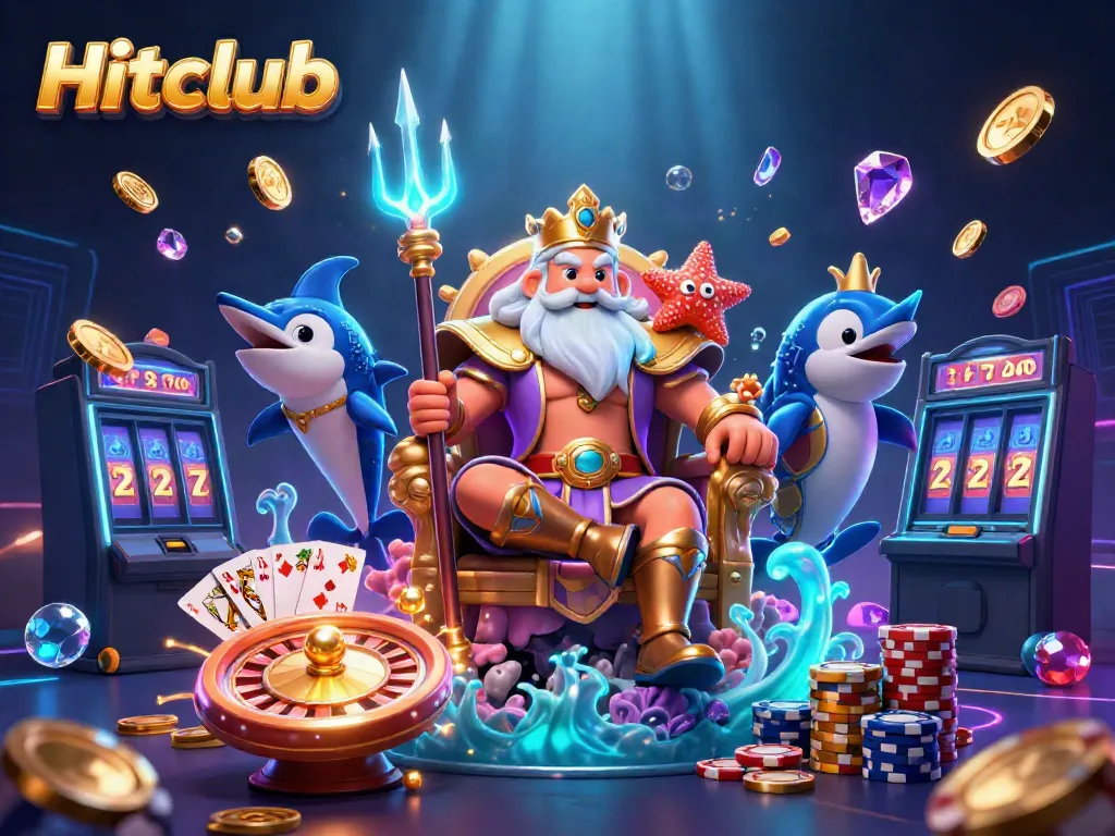 Hitclub promotional illustration featuring Neptune amidst cascading coins and vibrant casino elements.