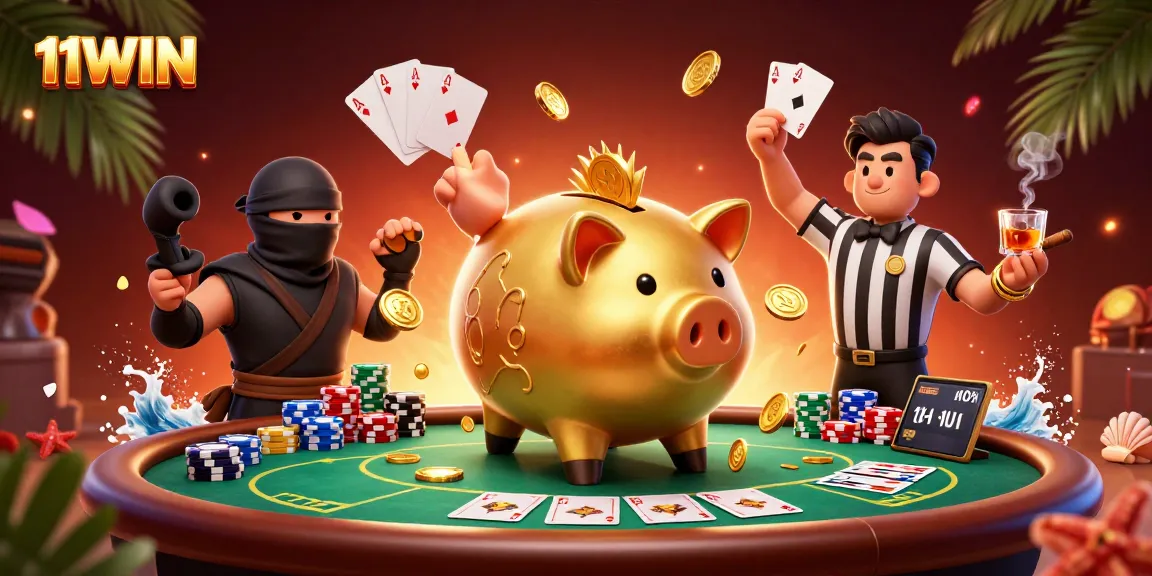 11WIN features a golden piggy bank sumo wrestler celebrating big wins at a poker table.