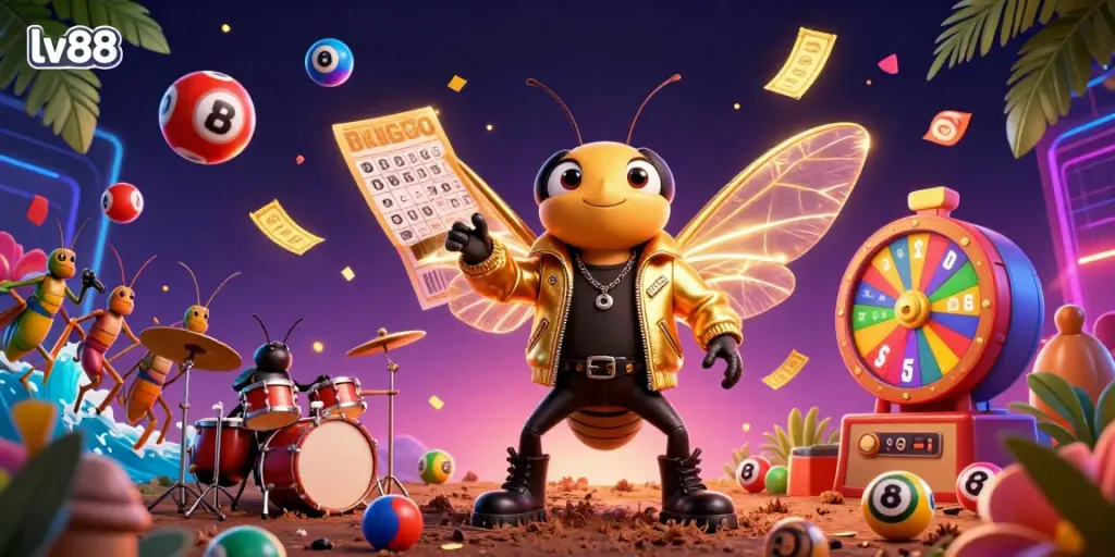 Experience the thrill of lv88 with a vibrant 3D casino scene showcasing dynamic lottery elements and cartoon characters.