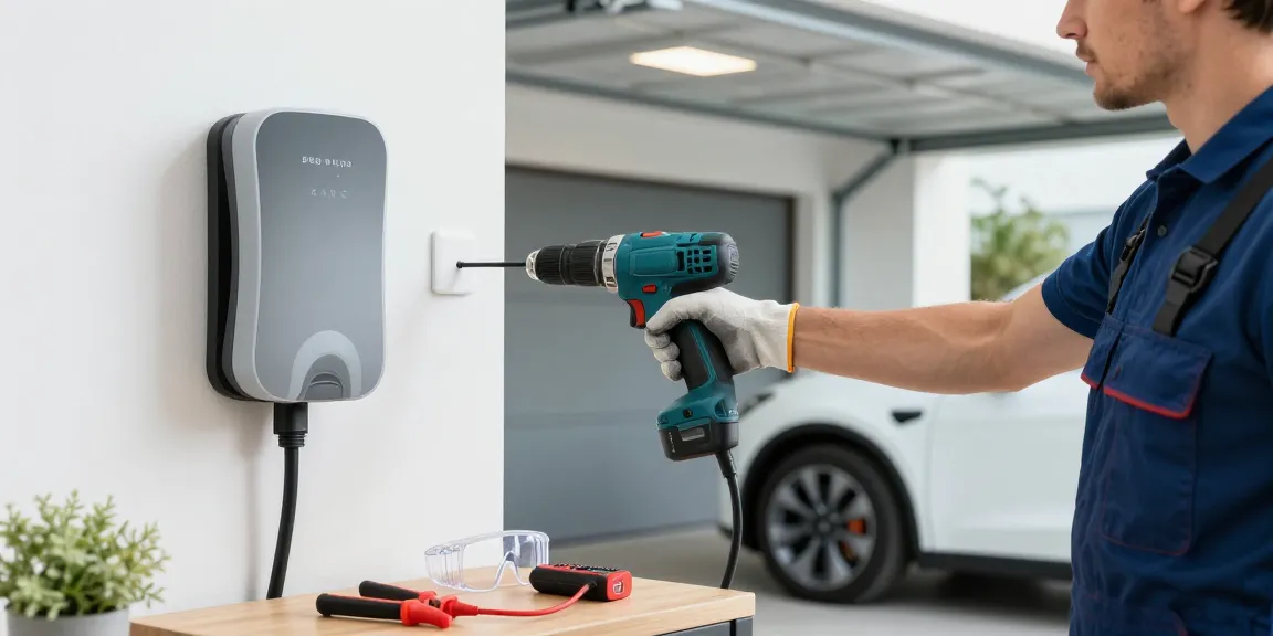 Wallbox installieren: Professioneller Elektriker installiert eine Ladestation in einer Garage.