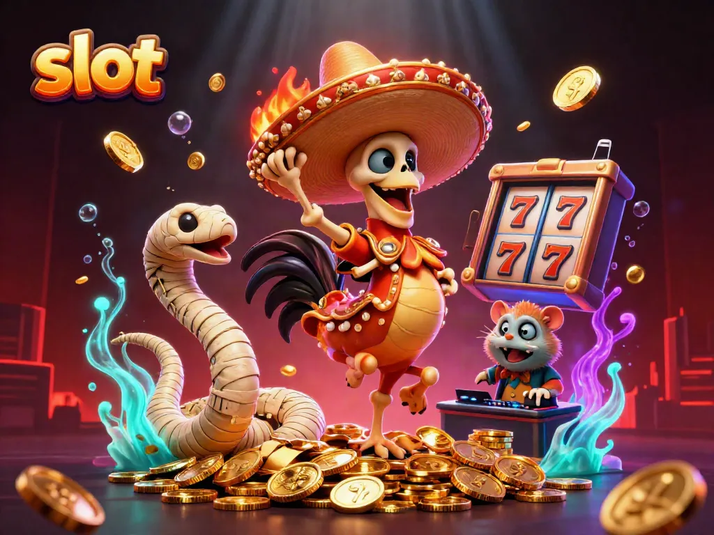 Vibrant illustration of a skeleton mariachi rooster celebrating on golden coins amidst lively slot symbols.