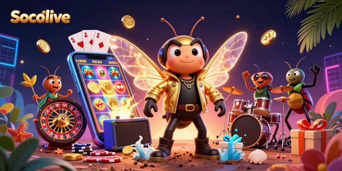 Socolive showcases a vibrant and dynamic 3D scene with a cicada rock star amidst casino game elements, creating an electrifying atmosphere.